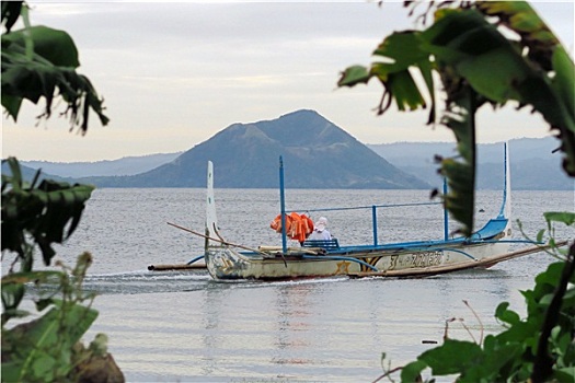 船,湖,正面,火山,菲律宾
