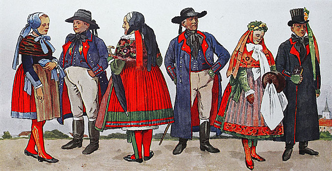 人,传统服装,时尚,衣服,德国,波美拉尼亚,19世纪,插画,欧洲