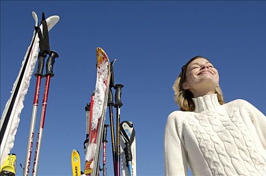 女人,微笑,滑雪装备