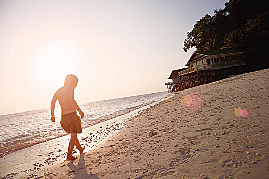 剪影,男孩,漫步,日光,海滩,岛屿,马来西亚