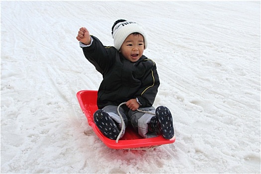 日本人,男孩,雪撬,2岁