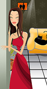 时尚插画,室内,红色,连衣裙,女子,黑猫,黄沙发