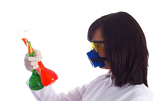 女人,化学品,管,实验室,白色背景