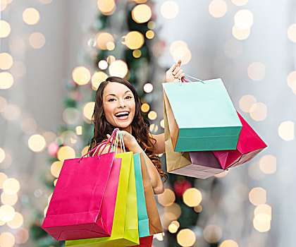 销售,礼物,休假,人,概念,微笑,女人,彩色,购物袋,上方,客厅,圣诞树,背景