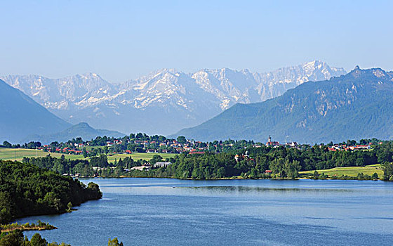 风景,湖,阿尔卑斯山,陆地,区域,上巴伐利亚,巴伐利亚,德国,欧洲