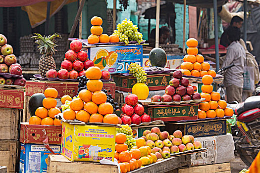 印度,北方邦,瓦拉纳西,种类,新鲜水果,果汁,吃,街边市场