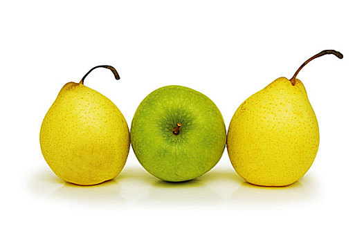 两个,黄色,梨,青苹果,隔绝,白色背景