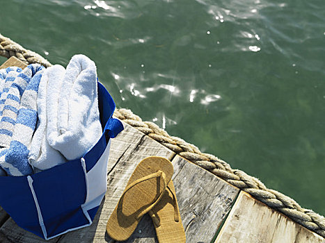 毛巾,鞋,码头,海洋,伯利兹