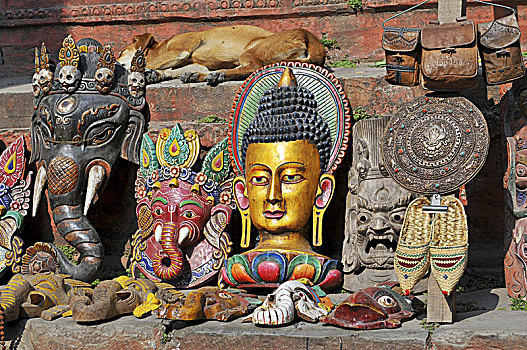 尼泊尔,加德满都,象头神迦尼萨,象神,头部,面具,纪念品,街上,市场