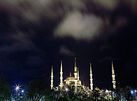 苏丹,清真寺,夜晚,伊斯坦布尔,土耳其