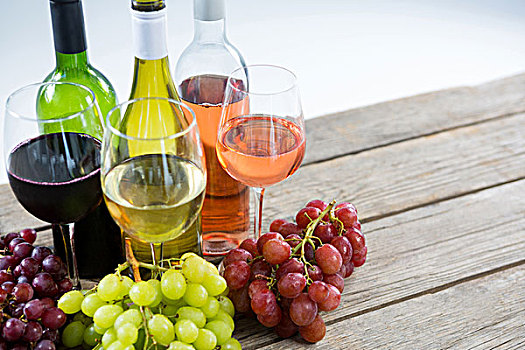 多样,葡萄,葡萄酒,玻璃杯,瓶子,木桌子