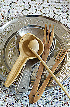 银盘,排干,勺子,木质,叉子