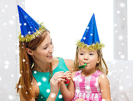 家庭,孩子,休假,人,概念,高兴,母女,蓝色,派对帽,聚会尖角帽