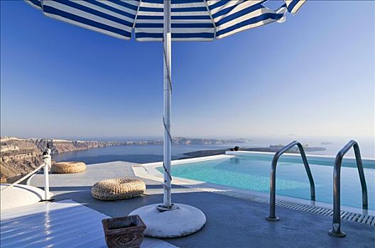 平台,游泳池,遮阳伞,正面,蓝色海洋,锡拉岛,基克拉迪群岛,希腊,欧洲