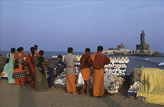 游客,海滩,雕塑,纪念,背景,石头,地区,泰米尔纳德邦,印度