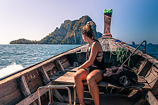 女人,享受,船,乘,甲米,泰国