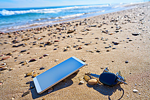 手机,车钥匙,海滩,沙子,度假,象征