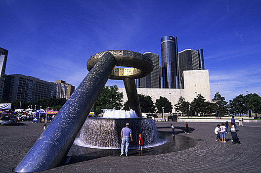 美国,密歇根,底特律,河滨地区,喷泉,背景