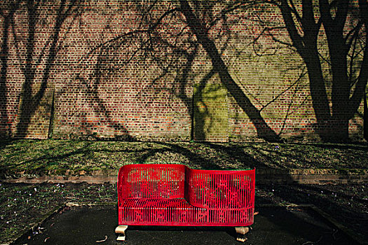 红色,长椅,砖墙,树,影子,背景,读,英格兰,英国