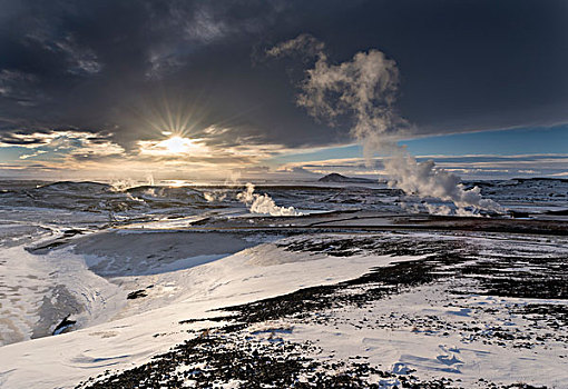 热,蒸汽,上升,地热发电站,靠近,火山,冰岛,湖,米湖,背景,大幅,尺寸