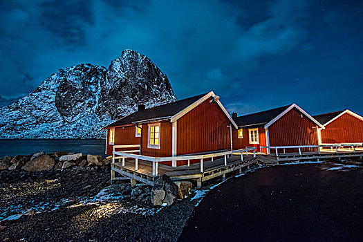 红色,小屋,夜晚,罗弗敦群岛,挪威,欧洲