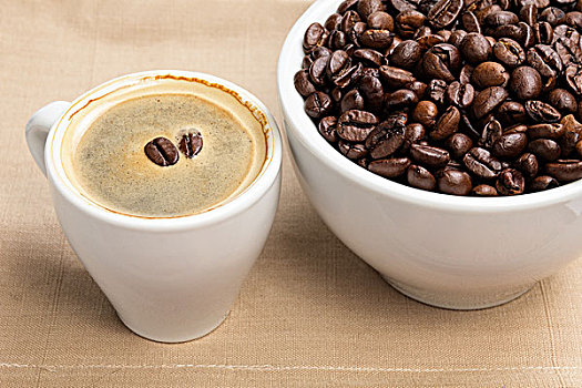 浓咖啡,杯子,满,咖啡豆,粗麻布,表面