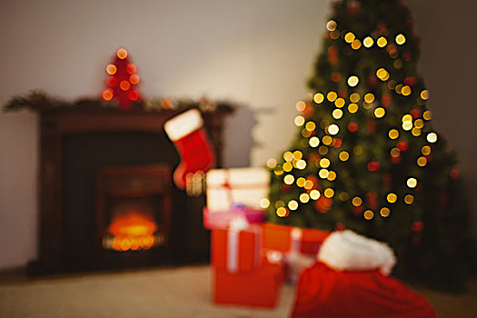 圣诞树,礼物,靠近,壁炉