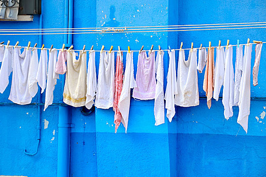洗,洗衣服,弄干,海洋,绳索,正面,蓝色,墙,房子,布拉诺岛