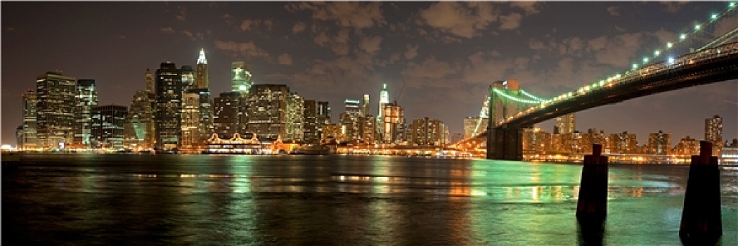 风景,布鲁克林大桥,迟,晚间,全景