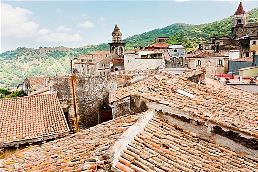 风景,古老,瓷砖,屋顶,教堂塔,西西里,城镇