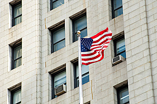 美国国旗,摆动,正面,建筑正面,曼哈顿,纽约,美国