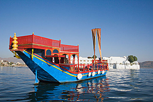 船,湖,酒店,背景,湖上皇宫,皮丘拉,乌代浦尔,拉贾斯坦邦,印度