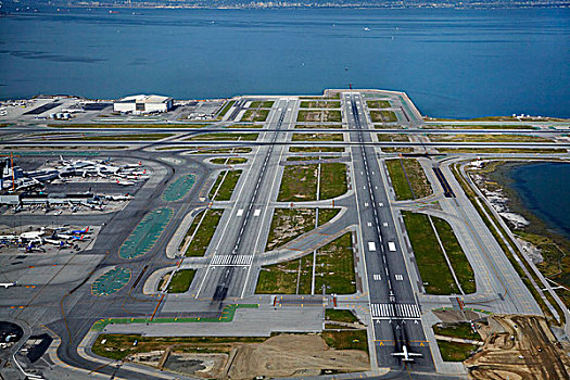 美国,加利福尼亚,旧金山,飞机,飞机跑道,国际机场,旧金山湾,俯视