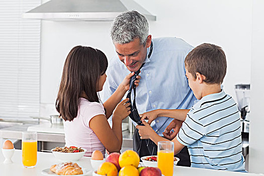 孩子,修理,父亲,领带,厨房,在家
