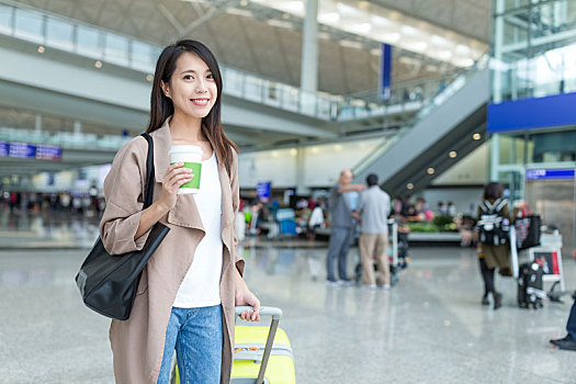 女人,拿着,行李,咖啡,香港国际机场
