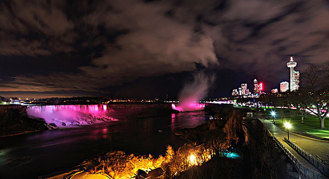夜晚,全景,景色,尼亚加拉瀑布,光亮,彩色,安大略省,加拿大