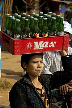 女人,笼子,柠檬水,帽子,巴格,缅甸