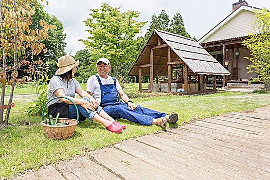 情侣,放松,草坪