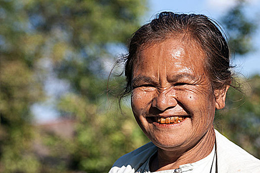 老,女人,笑,头像,茵莱湖,掸邦,缅甸,亚洲