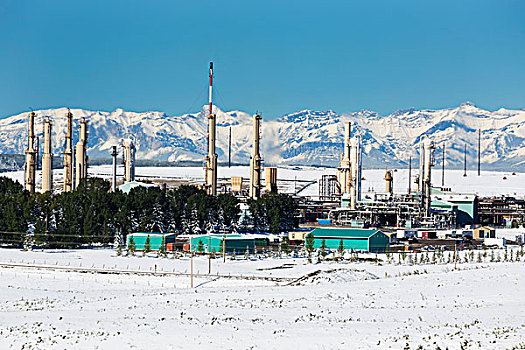 工厂,积雪,地点,山,背景,蓝天,艾伯塔省,加拿大