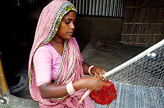 乡村,女人,渔民,家庭,渔网,家,孟加拉