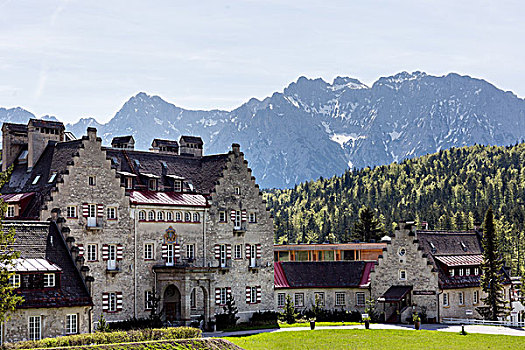 城堡,酒店,山,陆地,上巴伐利亚,巴伐利亚,德国,欧洲
