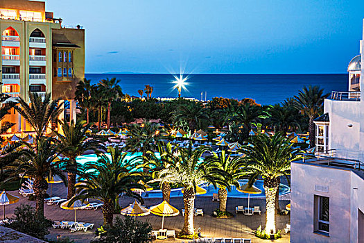 黎明,风景,池边,区域,五星级,度假酒店,靠近,港口,突尼斯,地中海