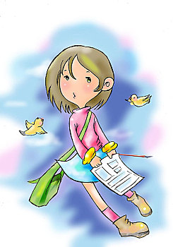 儿童插画,小女孩,小鸟,绿色书包,纸,笔