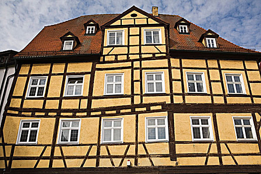 黄色,半木结构,建筑,中世纪,城镇,巴伐利亚,德国,欧洲