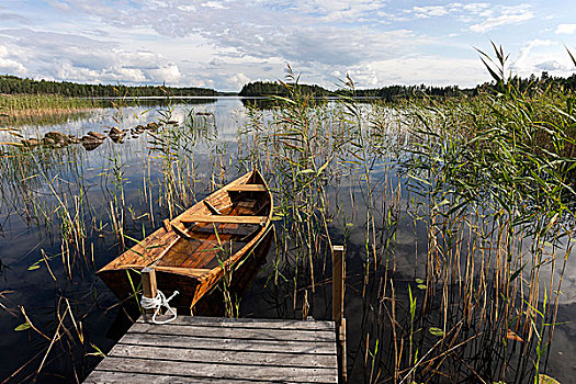船,码头,划桨船,芦苇,湖,史马兰,瑞典,欧洲