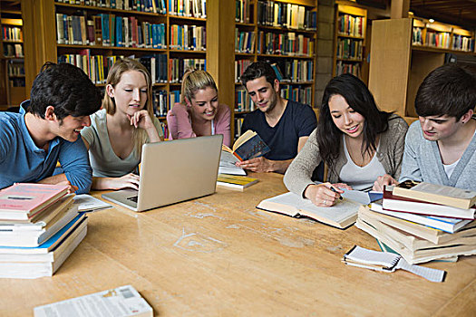 学生,坐,桌子,图书馆,学习,工作,笔记本电脑