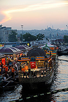 漂浮,鱼,餐馆,黃昏,地区,金色,伊斯坦布尔,土耳其
