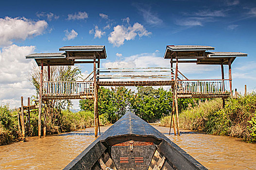 木船,旅行,木桥,运河,茵莱湖,掸邦,缅甸