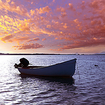 船,日落,福门特拉岛,巴利阿里群岛,西班牙